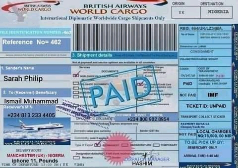 Fake British airways waybill used by online scammers